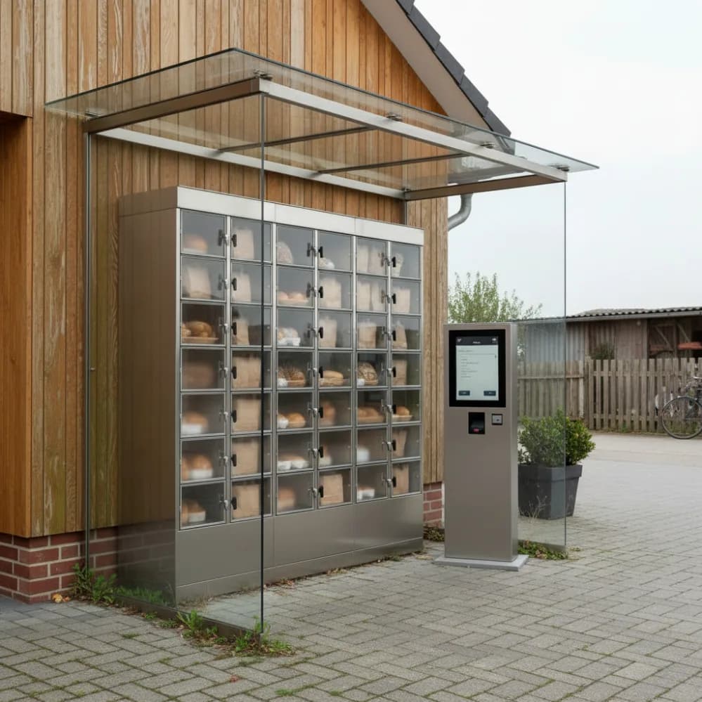 Eine verglaste Abholstation mit Fächern voller Brot und Backwaren neben einem Bedienterminal an einer Holzfassade.